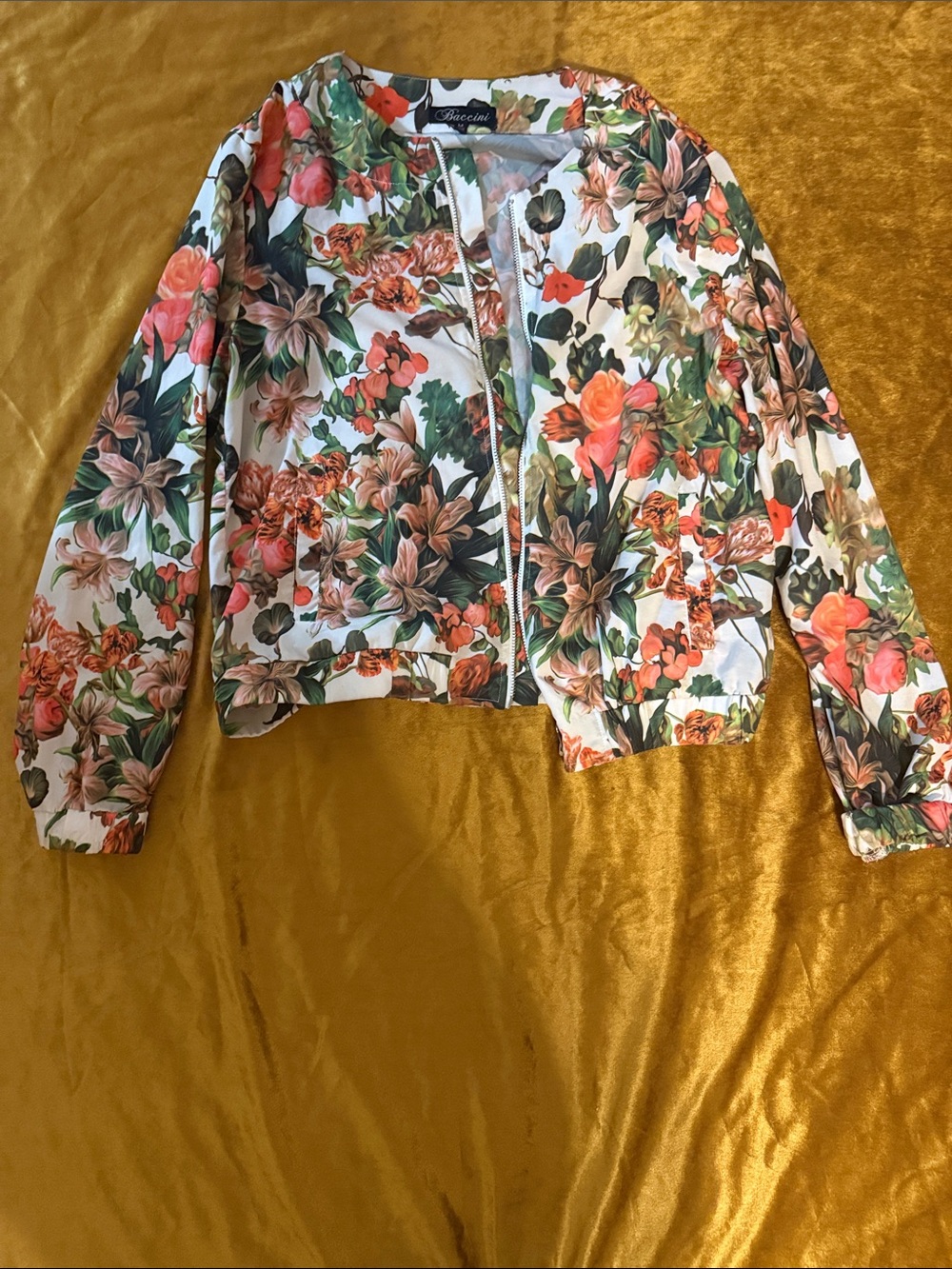 Alessi Floral Zip Bomber Jacket in White with Coral & Green
